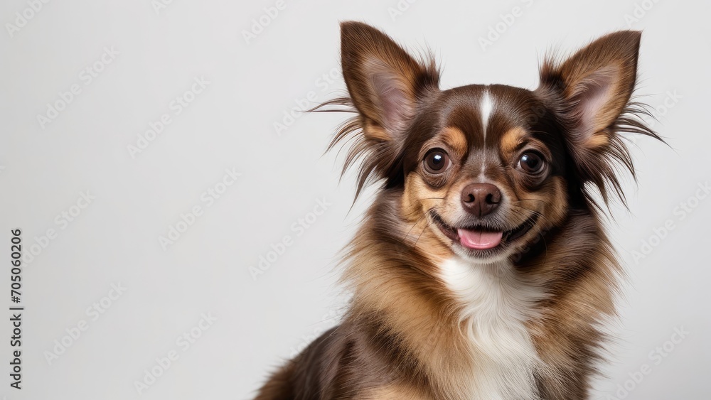Portrait of Chocolate long coat chihuahua dog on grey background Portrait of Chocolate long coat chihuahua dog on grey background
