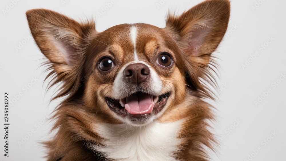 Portrait of Chocolate long coat chihuahua dog on grey background Portrait of Chocolate long coat chihuahua dog on grey background