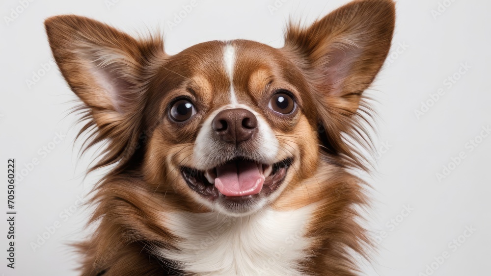 Portrait of Chocolate long coat chihuahua dog on grey background