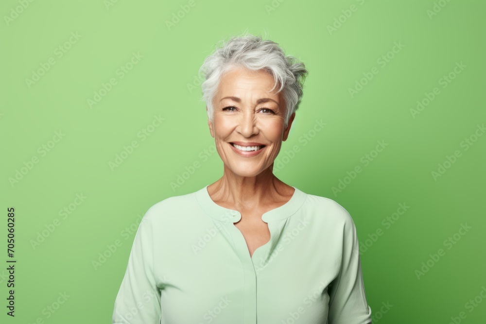 Smiling senior woman. Portrait of beautiful mature woman looking at camera and smiling while standing against green background Smiling senior woman. Portrait of beautiful mature woman looking at camera and smiling while standing against green background