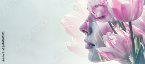 Spring fashion closeup portrait of beautiful sensual young woman in tender pink tulips. Double exposure effect. Banner with copy-space