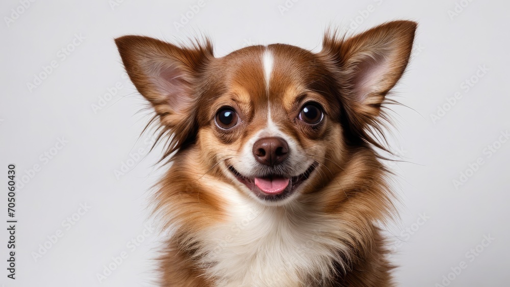 Portrait of Chocolate long coat chihuahua dog on grey background Portrait of Chocolate long coat chihuahua dog on grey background