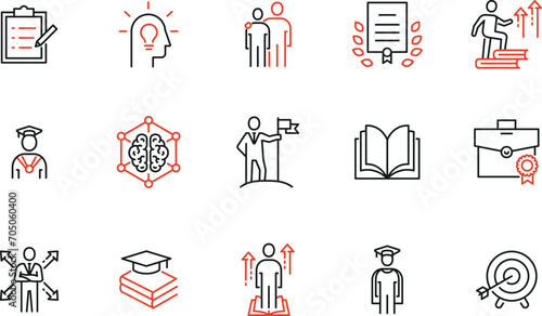 Vector Set of linear icons to educational process, training and professional consulting service. Mono line pictograms and infographics design elements
