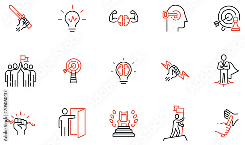 Vector Set of linear icons to business people training, tutorship, professional consulting service and careerr progress. Mono line pictograms and infographics design elements