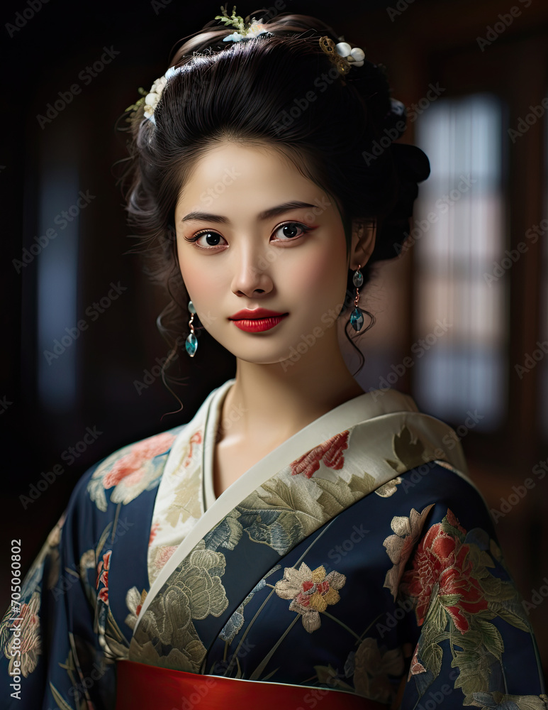 A beautiful Japanese woman in a festive elegant kimono. Illustration for covers, advertising and other projects about Japanese culture.