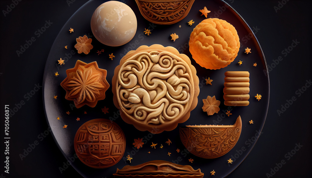 illustration of Chinese Mid Autumn Festival moon cakes arranged on a traditional Chinese porcelain plate, Ai generated image. illustration of Chinese Mid Autumn Festival moon cakes arranged on a traditional Chinese porcelain plate, Ai generated image.
