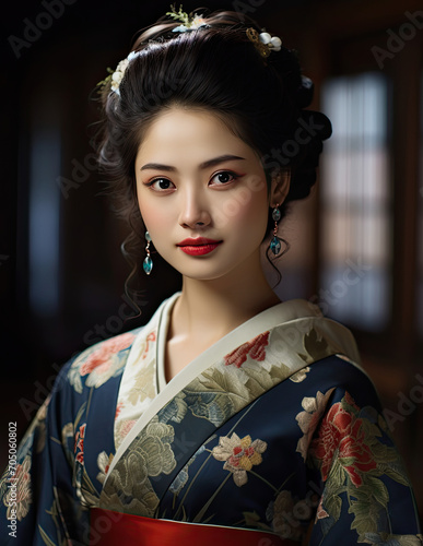 A beautiful Japanese woman in a festive elegant kimono. Illustration for covers, advertising and other projects about Japanese culture.