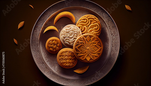 illustration of Chinese Mid Autumn Festival moon cakes arranged on a traditional Chinese porcelain plate, Ai generated image.