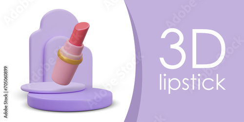Advertisement of red lipstick. Concept of bright decorative cosmetics. Colorful elegant vector composition for web design. Layout for online store of makeup products