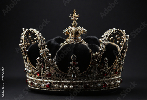 Royal Regalia: A majestic gold crown adorned with sparkling jewels and pearls sits majestically on a dark background, exuding an aura of power, legacy, and grandeur.   photo