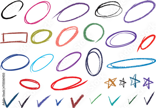 Handdrawn doodle grunge circle highlights. Charcoal pen round ovals. Marker scratch scribble inrounder. Round scrawl frames. Vector illustration of freehand painted circular note