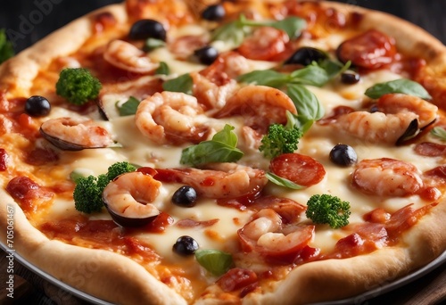 Hot pizza cheese crust seafood topping sauce vegetables delicious fast food