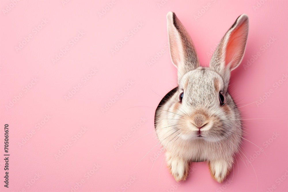 Easter bunny peeps out of the pink wall. Easter bunny peeps out of the pink wall.
