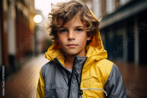 Portrait of a boy in a yellow raincoat on the street