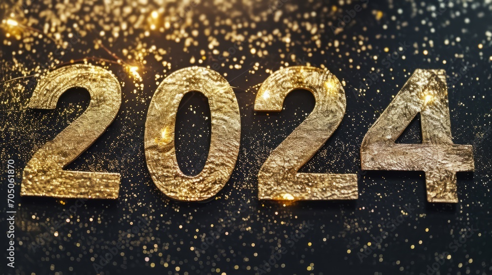 Silvester New Year, New Year's Eve 2024 party event celebration holiday greeting card - Closeup of gold glittering 3d year number on table, and golden confetti on table, top view Silvester New Year, New Year's Eve 2024 party event celebration holiday greeting card - Closeup of gold glittering 3d year number on table, and golden confetti on table, top view