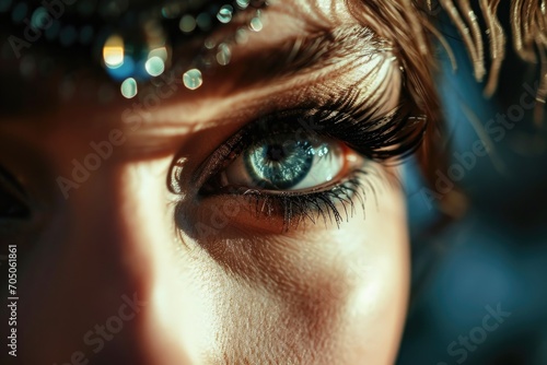 A close-up view of a person's eye with a sparkling diamond on it. This image can be used to represent luxury, beauty, jewelry, and glamour