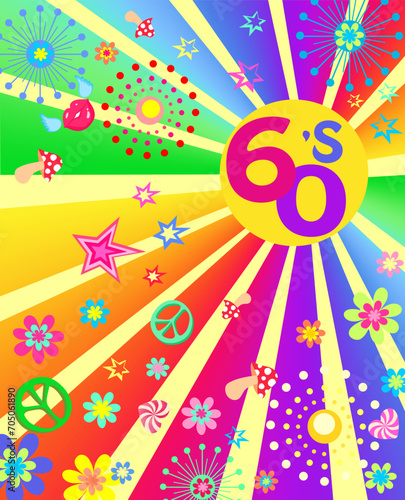 1960’s Hippie Style Art Poster with multicolored sunburst, peace symbol, fly agaric, flying lips and colorful flower-power