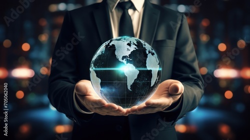 Businessmen hold the world in their hands, symbolizing the control of business power and the power that is within their grasp. infographic HUD panel and bule background.