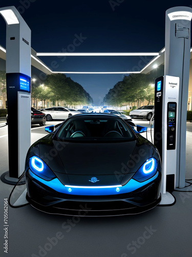Electric car charging at a gas station in the city, industrial landscape, neon elements, healthy environment without harmful emissions. Eco concept. photo