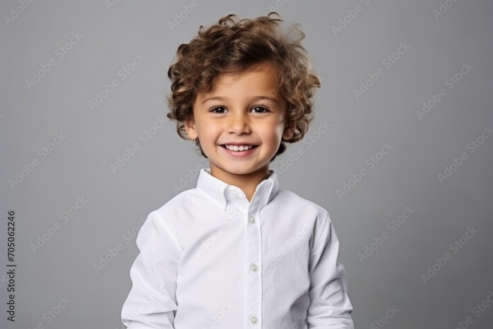 Portrait of a happy little boy in white shirt over grey background Portrait of a happy little boy in white shirt over grey background