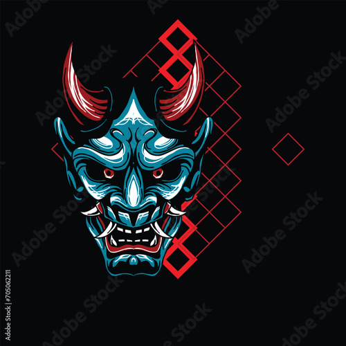 Illustration of hannya mask  from japanese  with geometry background drawing vector fit for clothing (ID: 705062211)