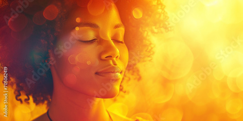 African American woman with healing energy and light around her feeling good breathing calm peace. Happy black female smiling in happiness taking deep breath for zen, health or spiritual wellness
