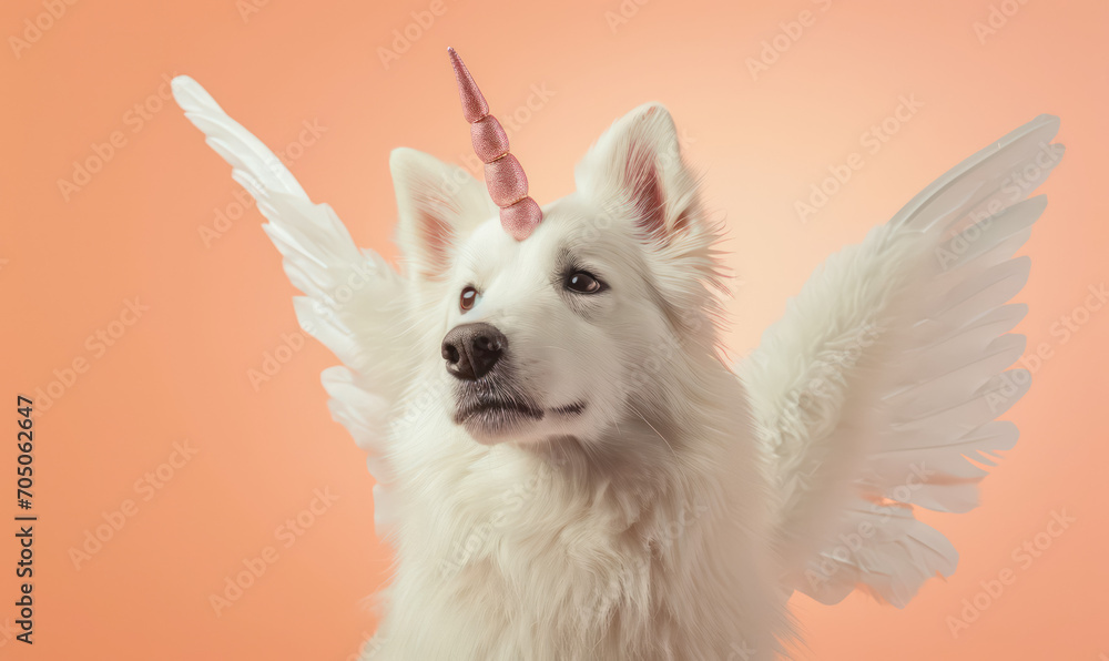 white eskimo dog as unicorn with wings on peach pastel background - obrazy, fototapety, plakaty 