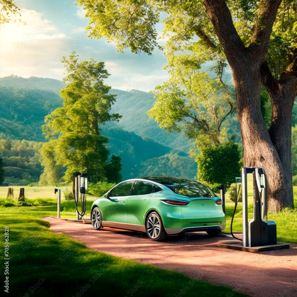 Electric car charging at a gas station in the city, industrial landscape, neon elements, healthy environment without harmful emissions. Eco concept.