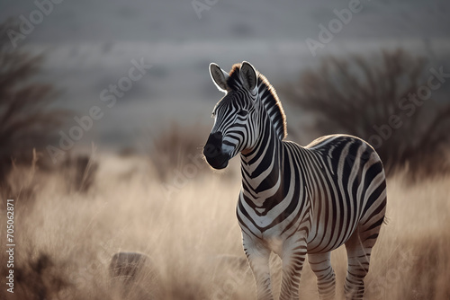 A zebra stands amidst golden grass, with bare trees and soft sunlight in a serene, natural backdrop, ai generative photo