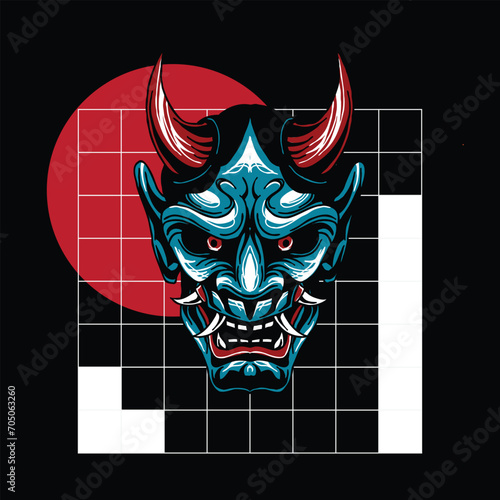Illustration of hannya mask  from japanese  with geometry background drawing vector fit for clothing (ID: 705063260)