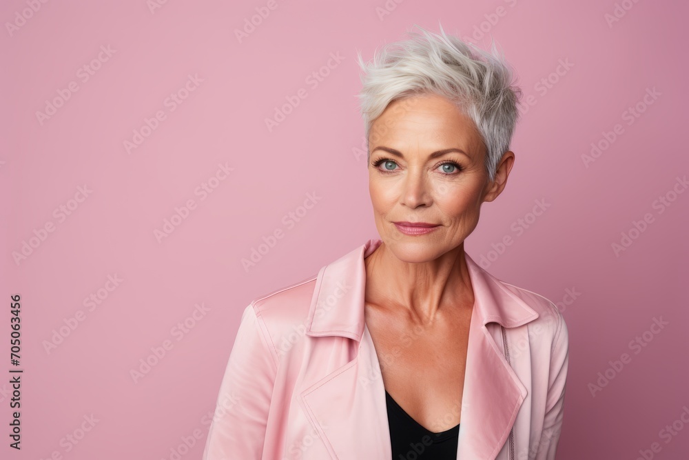 Portrait of beautiful senior woman with short white hair posing against pink background Portrait of beautiful senior woman with short white hair posing against pink background