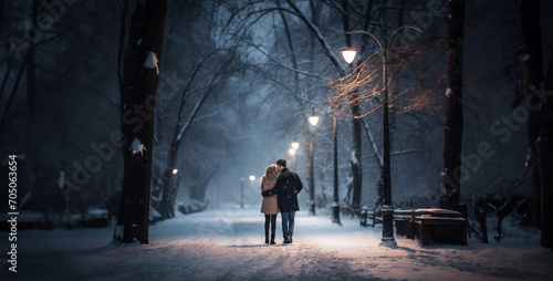 a romantic walk of a couple in love in a winter