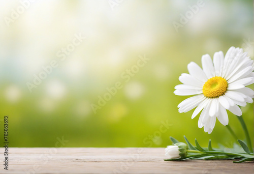 Wooden table with blurred view of spring flowers background 