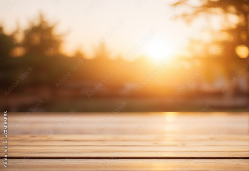 Wooden table with blurred view background. Golden hour bokeh background.
