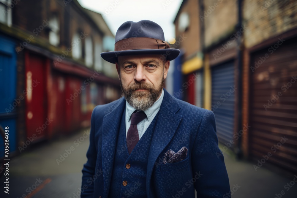 Portrait of a bearded man in a blue suit and hat. Portrait of a bearded man in a blue suit and hat.