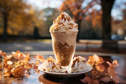 Caramel ice cream on an fall afternoon, with colored leaves and a cozy feeling, a seasonal sweetness., generative IA
