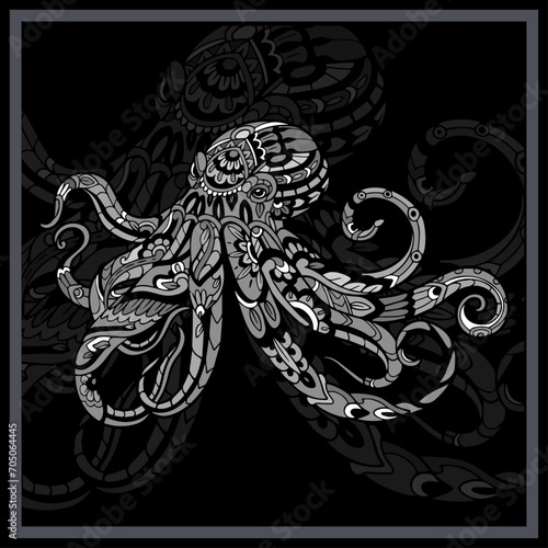 Monochrome Kraken octopus mandala arts. © REYYARTS