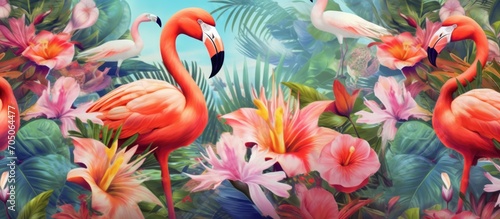 Illustration of tropical flowers, plants, leaves and flamingos