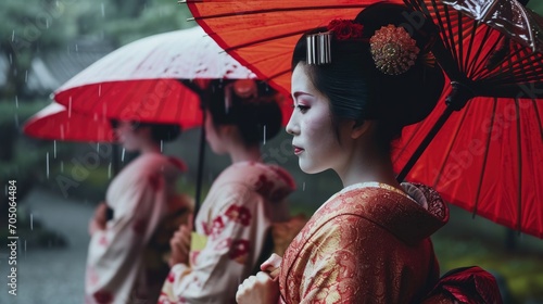 A woman dressed in a kimono holds an umbrella. Perfect for cultural and fashion-themed projects