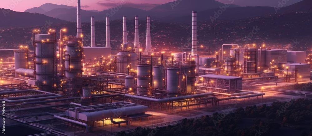 Power plants for industrial areas with dusk background, purple, orange, yellow light