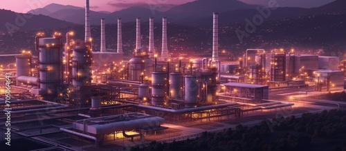 Power plants for industrial areas with dusk background, purple, orange, yellow light