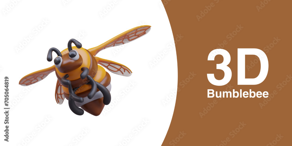 Fat realistic bumblebee flying for honey. Insect pollinator. Bumble bee with empty legs, bottom view. Illustration for children games, books, web resources - obrazy, fototapety, plakaty 