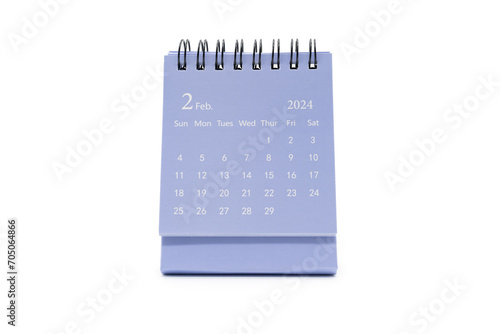Simple blue desk calendar for FEB 2024 isolated on white background. Calendar concept with copy space.
