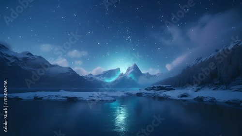 Leinwand Poster blue aurora in white snow, snow mountain, river, snowstorm, colorful stars twink