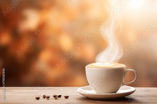 Deliciously aromatic freshly brewed coffee on table with blurred background, bright morning shot