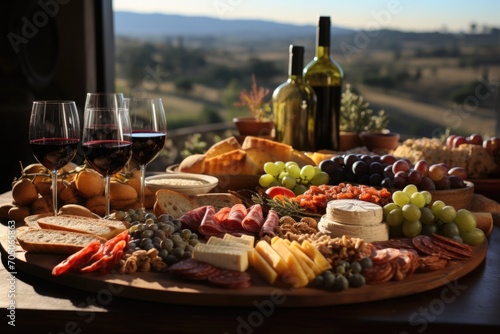 Antipasto in a wine tasting in a winery in the umbria, with panoramic views., generative IA