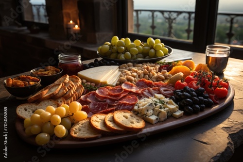 Antipasto in a wine tasting in a winery in the umbria, with panoramic views., generative IA