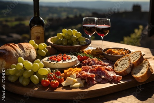 Antipasto in a wine tasting in a winery in the umbria, with panoramic views., generative IA