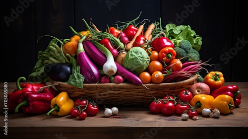 Assorted colorful vegetables in woven basket  texture and variety  warm natural light