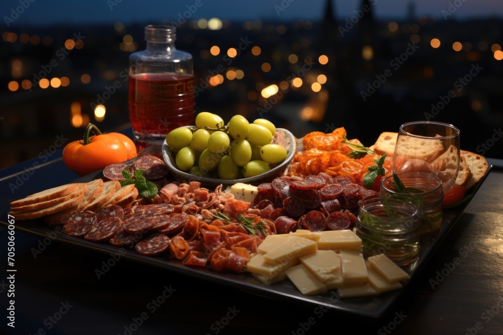 Antipasto at a roof party in Naples, with panoramic views of the city at night., generative IA
